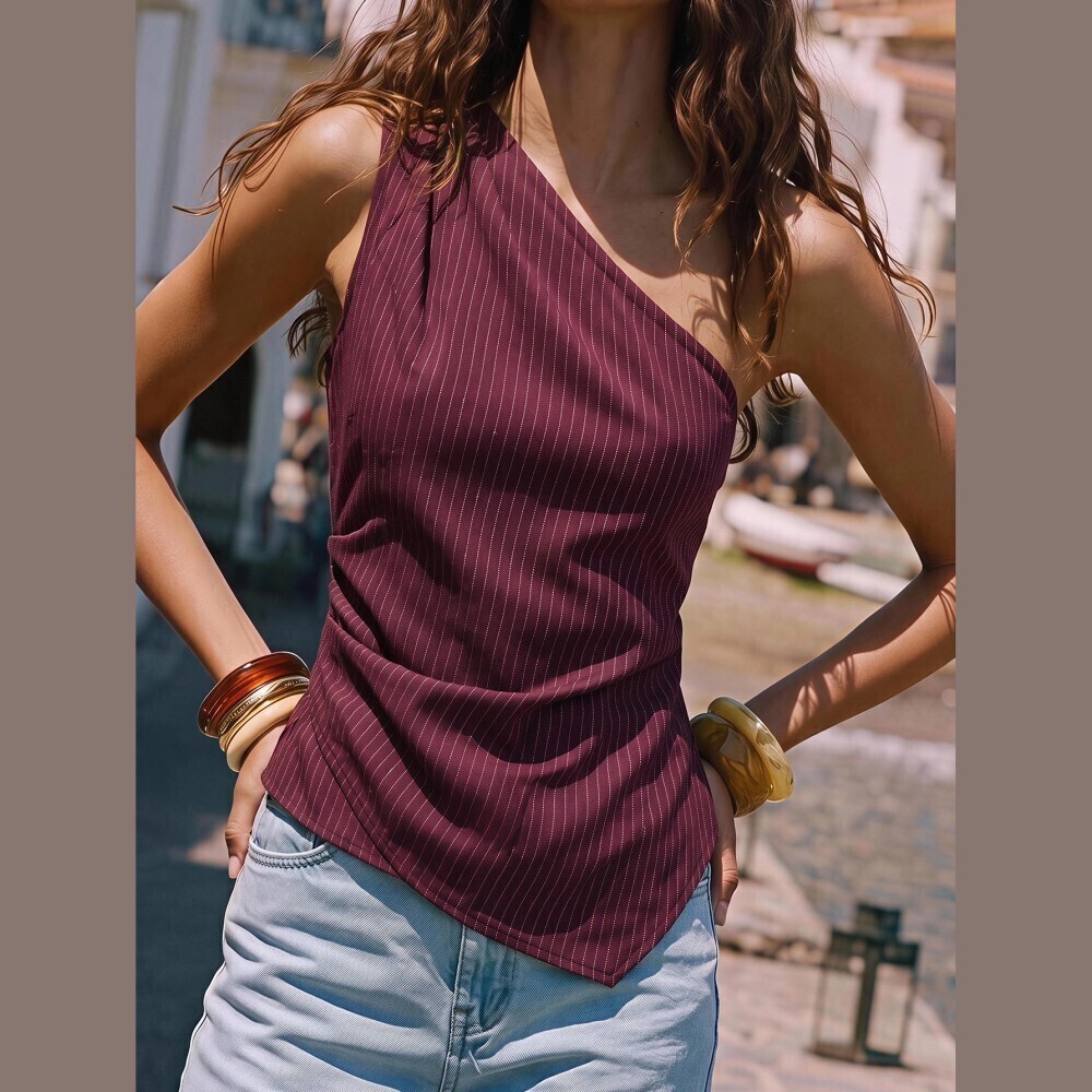 Burgundy Pinstriped One Shoulder Asymmetrical Tank Top